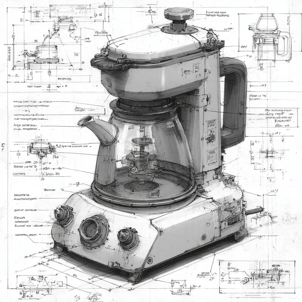 A detailed grayscale technical drawing showcases a complex, futuristic coffee maker.  The design incorporates a glass carafe, a metallic base with numerous dials and controls, and a top section resembling a pressure cooker.  Surrounding the main illustration are various engineering schematics and diagrams, further specifying the appliance's components and assembly. The style suggests a conceptual design, possibly for a high-end or specialized coffee brewing system.