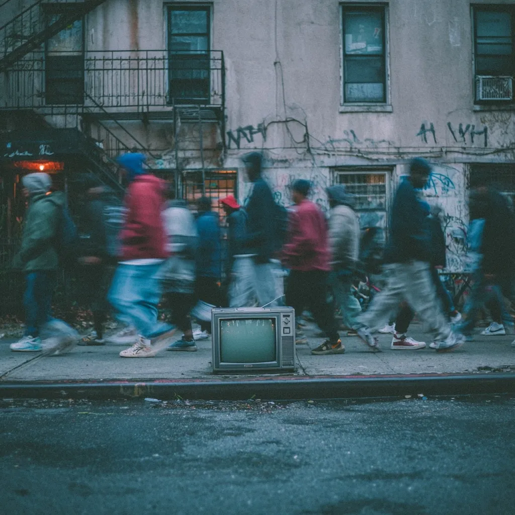 A vintage television sits abandoned on a city sidewalk, the screen dark and lifeless.  Blurred figures of pedestrians, dressed in muted colors, rush past, their movements suggesting a bustling urban scene. The backdrop is a weathered building with graffiti, conveying a sense of urban decay and anonymity.  The image has a melancholic tone, suggesting a disconnect between technology and the fast-paced lives of the city's inhabitants.