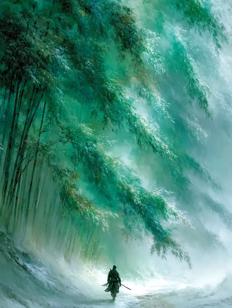 A lone figure, clad in dark clothing and carrying a long staff, walks a snowy path through a dense bamboo forest.  The bamboo is a vibrant teal, almost ethereal in its appearance, shrouded in a light mist.  The scene evokes a sense of serene isolation and mystery, perhaps hinting at a journey or a spiritual quest. The overall mood is peaceful yet somewhat melancholic.