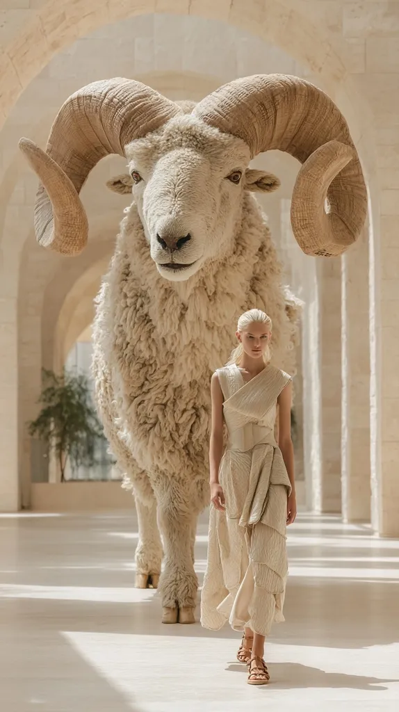 A blonde model in a beige, flowing dress walks past an enormous, fluffy ram with large, curled horns.  The setting is a light-colored, arched hallway, creating a surreal and elegant juxtaposition between fashion and nature. The overall aesthetic is minimalist and monochromatic, emphasizing texture and form.