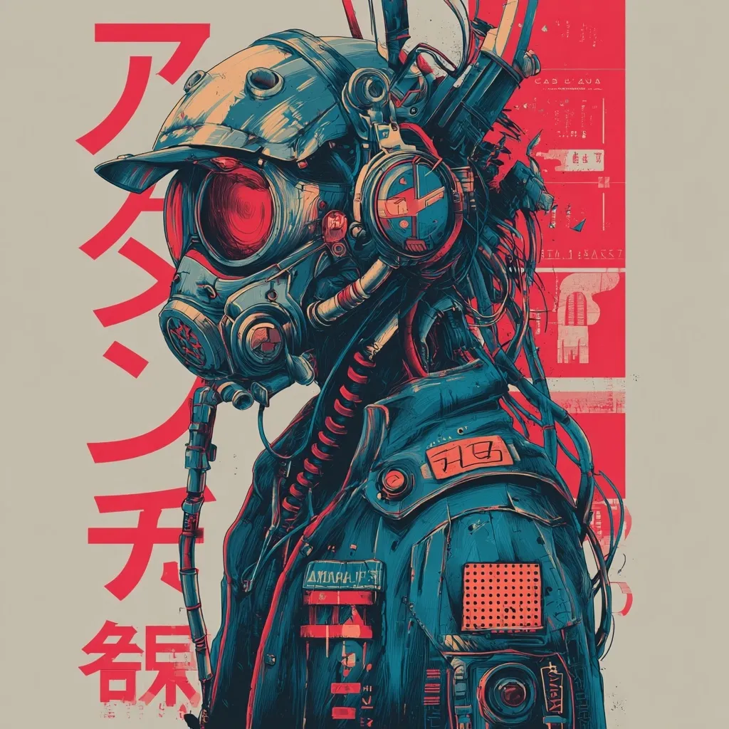 A stylized cyberpunk illustration depicts a robotic figure wearing a gas mask and a futuristic jacket adorned with various patches and technological details.  The figure's head is encased in a helmet with a visor, and the overall aesthetic is a blend of gritty realism and vibrant, bold colors, primarily teal and red.  Japanese characters are prominently displayed in the background, adding to the cyberpunk theme. The image is highly detailed, showcasing intricate textures and mechanical elements.