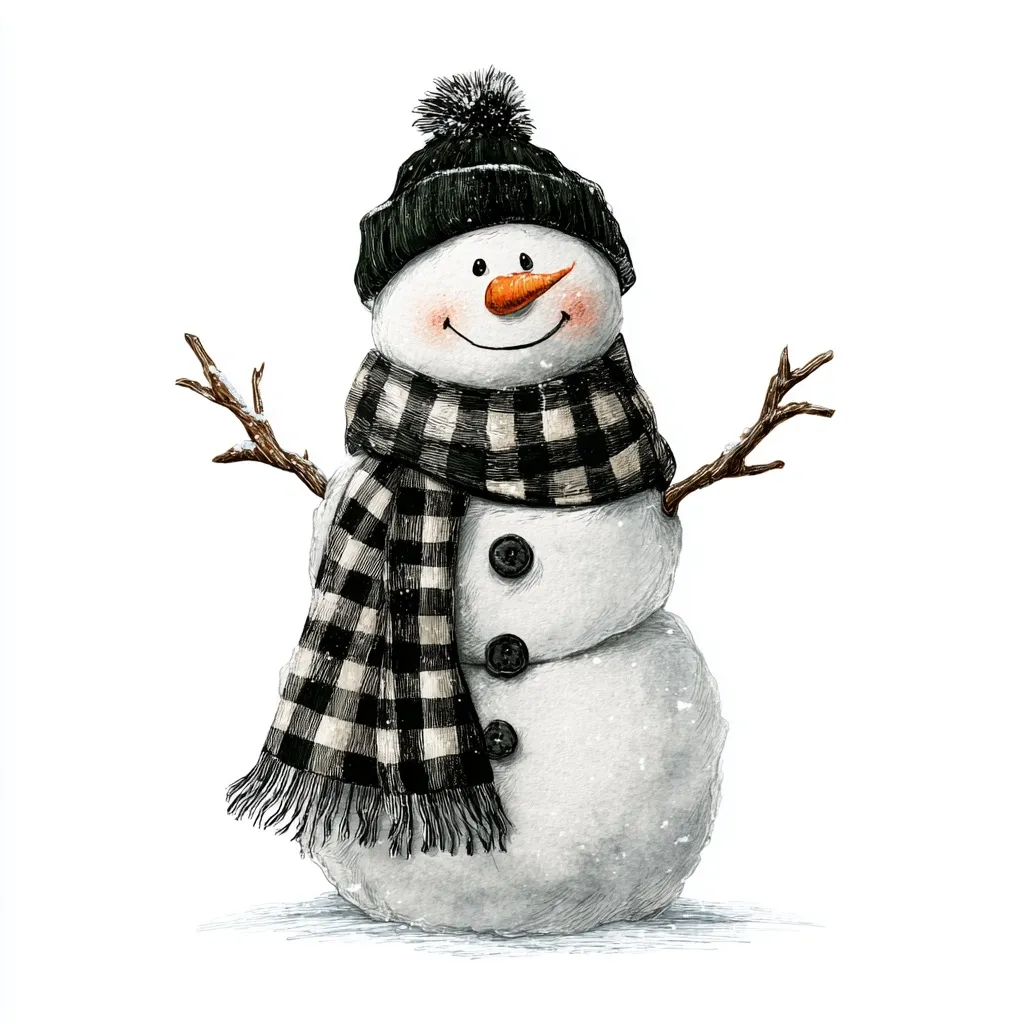 A charming snowman illustration, rendered in watercolor and pencil, stands against a white backdrop.  He wears a black knit hat with a pom-pom and a black and white checkered scarf.  Small twig arms extend from his sides, adding to his whimsical appeal.  His cheerful expression and snowy body evoke a festive winter feeling.
