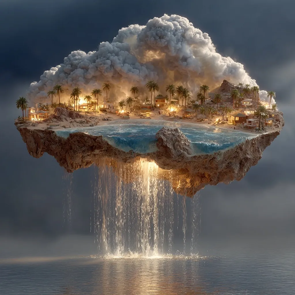 A surreal digital artwork depicts a floating island, resembling a tropical paradise with palm trees and small buildings, nestled within a large, smoky cloud.  The island is partially ablaze, yet serene.  Beneath, a golden waterfall cascades from the island's rocky base into the ocean below, creating a mesmerizing contrast of fire, water, and ethereal beauty. The scene is dramatic and evokes a sense of both destruction and tranquility.