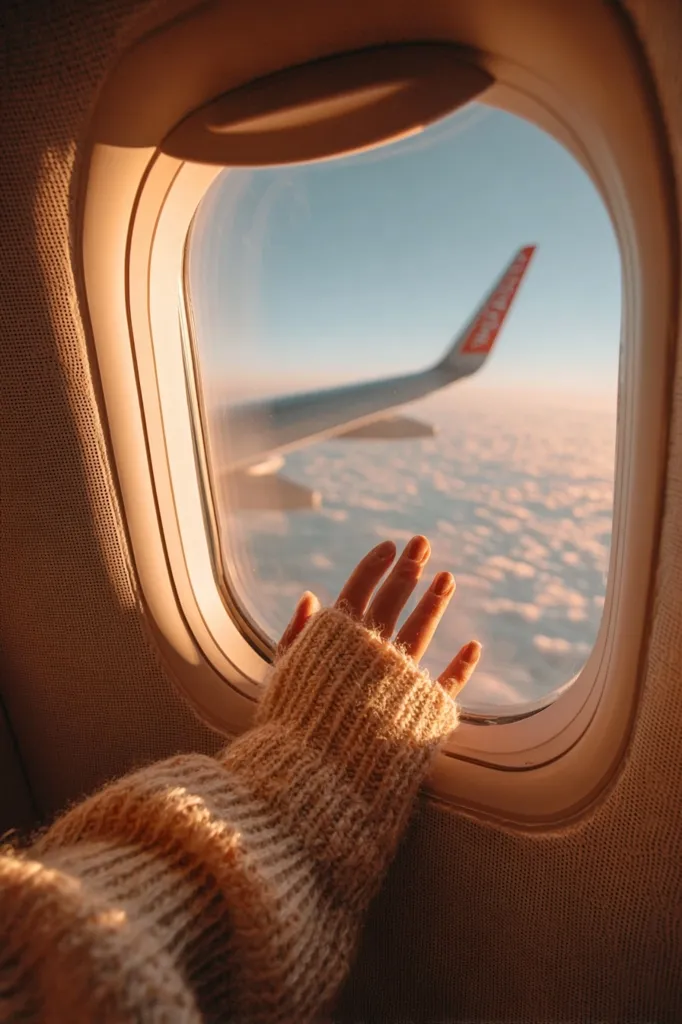 A hand in a cozy beige sweater rests against an airplane window, gazing at the wing and breathtaking sunset clouds below.  The warm golden light bathes the scene, creating a serene and peaceful atmosphere during air travel. The view from the plane's porthole is expansive, showcasing a stunning vista of the sky and clouds.