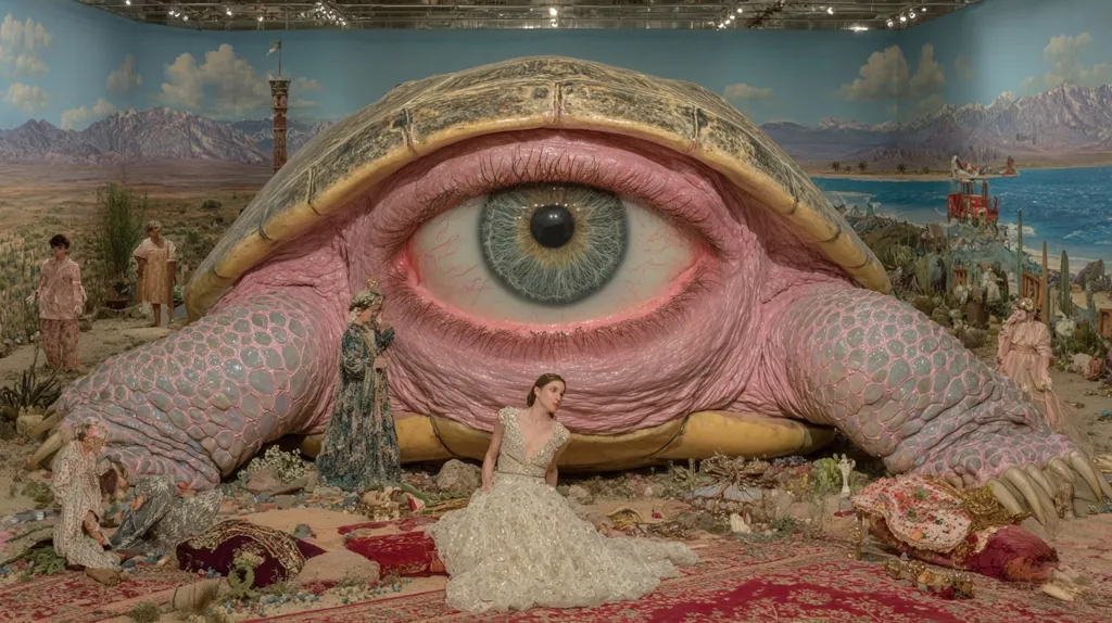 A surreal scene features a giant pink turtle with a large eye as its central feature.  The turtle rests in a desert landscape, complete with mountains and a coastline.  Figures in period clothing are scattered around the turtle, some appearing to be interacting with the scene. A woman in a shimmering gown sits in the foreground, adding to the dreamlike quality of the artwork. The overall impression is one of fantasy and whimsy.
