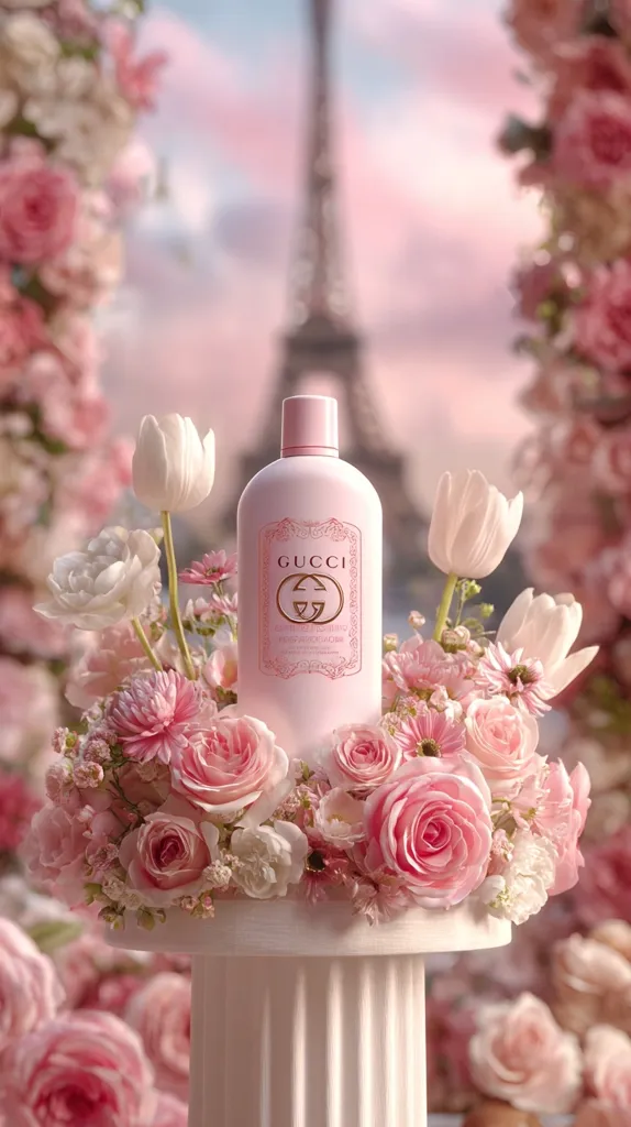 A bottle of Gucci Bloom Shower Gel sits atop a white pedestal adorned with a ring of delicate pink roses, tulips, and other blossoms. The Eiffel Tower is softly blurred in the background, creating a romantic Parisian atmosphere.  The pastel pink tones of the flowers and the bottle complement each other, enhancing the luxurious and feminine feel of the image.