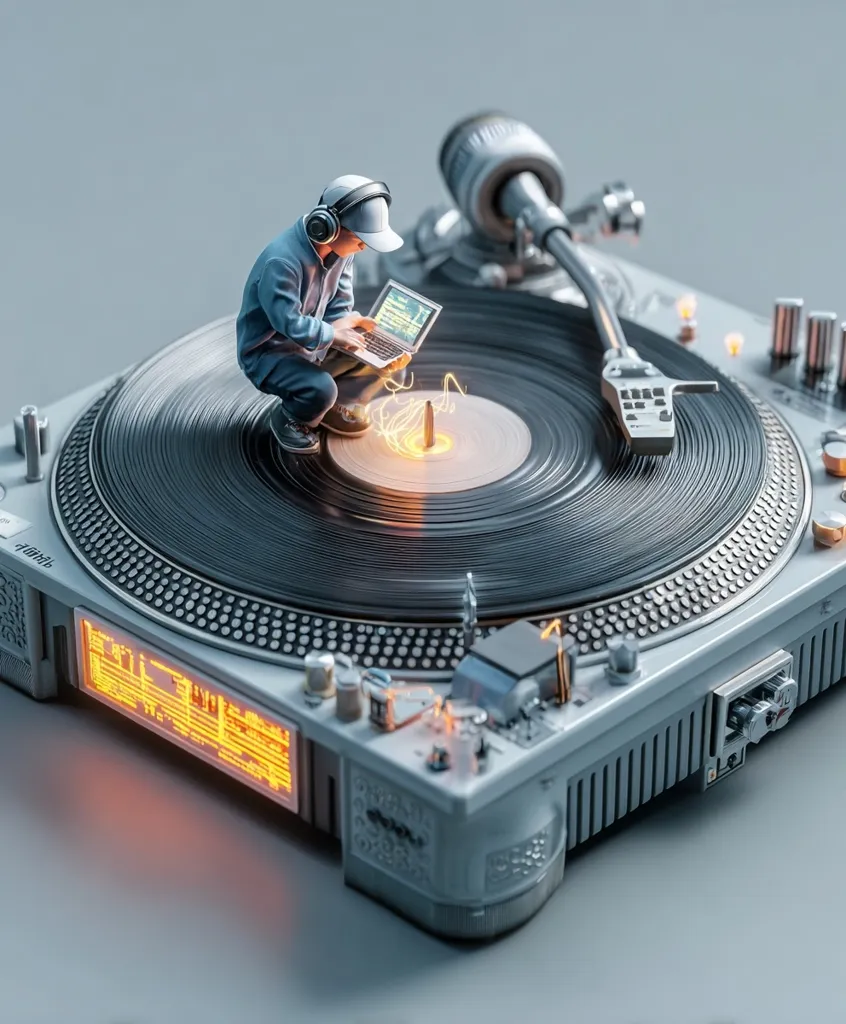 A miniature DJ, wearing headphones and a cap, sits atop a turntable, working on a laptop.  The turntable is large and detailed, with a spinning vinyl record.  Glowing energy emanates from the needle, suggesting the creation or manipulation of music. The scene blends futuristic technology with classic DJ equipment, creating a surreal and artistic image.