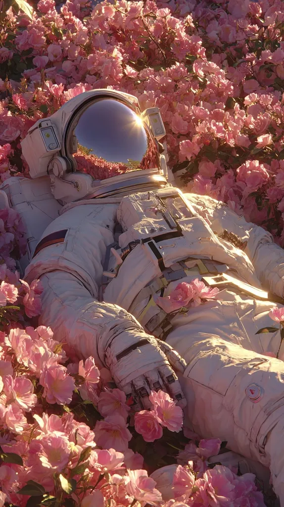 An astronaut in a white spacesuit rests peacefully amidst a vibrant field of delicate pink flowers.  Sunlight glints off the astronaut's helmet, creating a dreamy, surreal atmosphere.  The contrast between the technological spacesuit and the natural beauty of the blossoms creates a captivating image. The scene evokes a sense of tranquility and wonder.