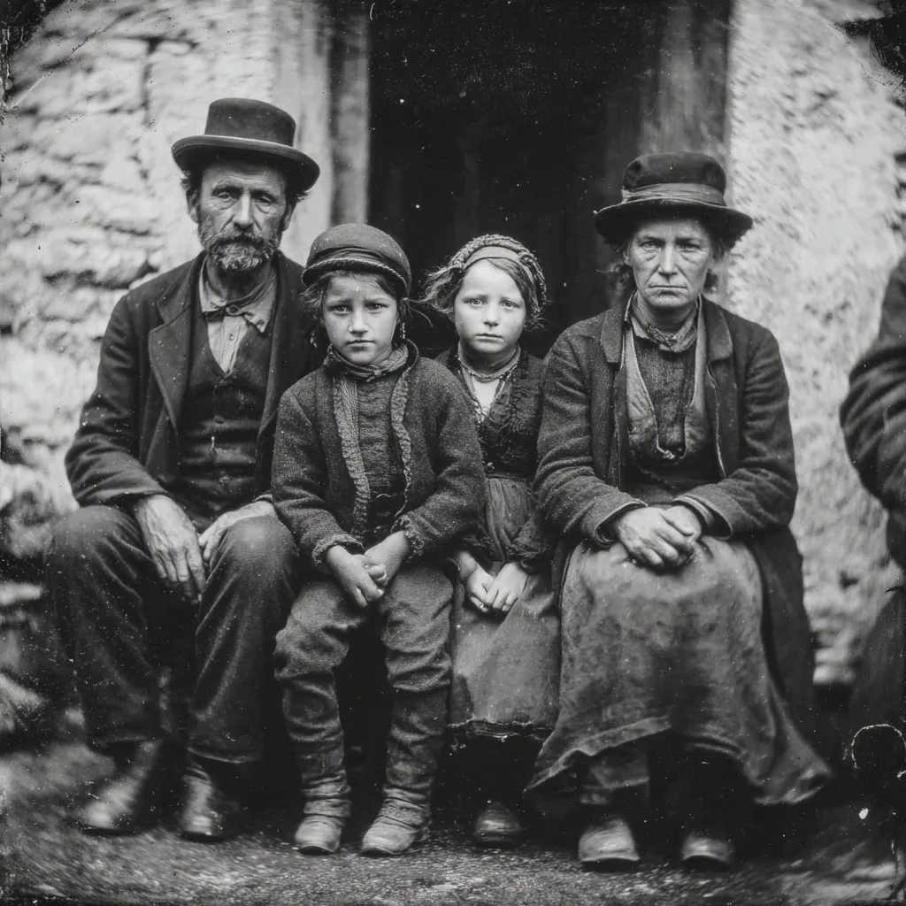 A poignant black and white photograph captures a family portrait. An elderly man with a beard, wearing a bowler hat, sits beside his wife, also in a hat, and their two children. The children, a boy and a girl, are neatly dressed.  The family is positioned against a rustic stone wall, suggesting a humble background. The image exudes a sense of timelessness and quiet dignity.