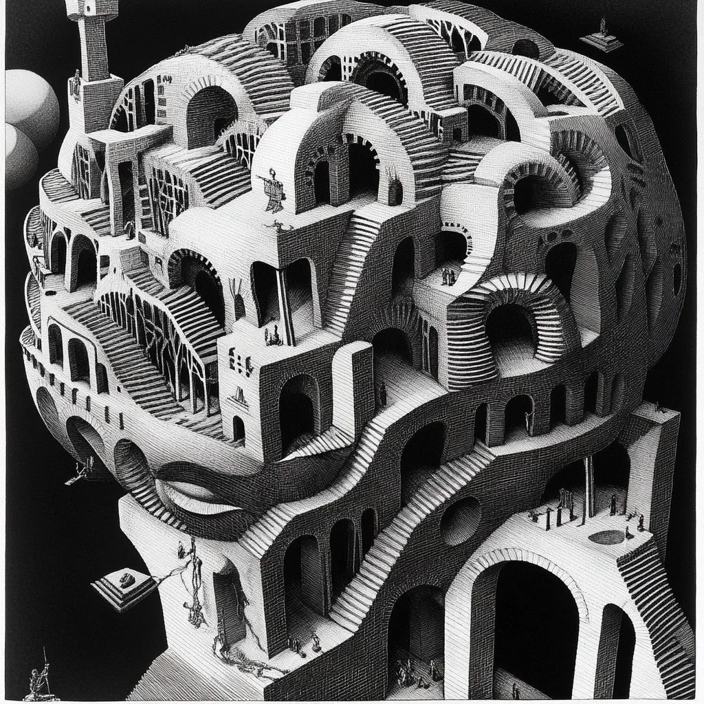 A complex, impossible structure of interconnected staircases and arches forms a three-dimensional labyrinth.  Tiny figures populate this intricate, seemingly endless maze, which is rendered in stark black and white, creating a striking visual contrast. The overall composition resembles a head, showcasing a masterful blend of architecture and illusion.  The detailed hatching emphasizes the depth and complexity of this surreal, impossible world.