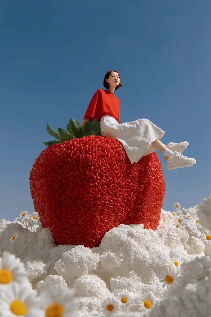 A young woman with short dark hair, wearing a red top and white pants, sits atop a giant, realistically textured strawberry.  She is casually posed, wearing white sneakers. The strawberry rests on a bed of white, fluffy material, surrounded by small white daisies against a vibrant blue sky. The scene is surreal and playful, contrasting the everyday with oversized elements.