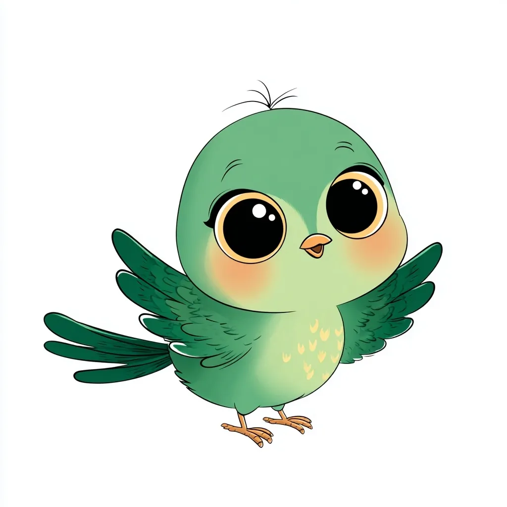 An illustration of a cute, cartoonish green bird.  It has large, expressive eyes, small orange cheeks, and outstretched wings.  The bird's body is a soft, pastel green, and its tail feathers are a darker shade.  It has small, orange feet. The overall style is adorable and child-friendly.
