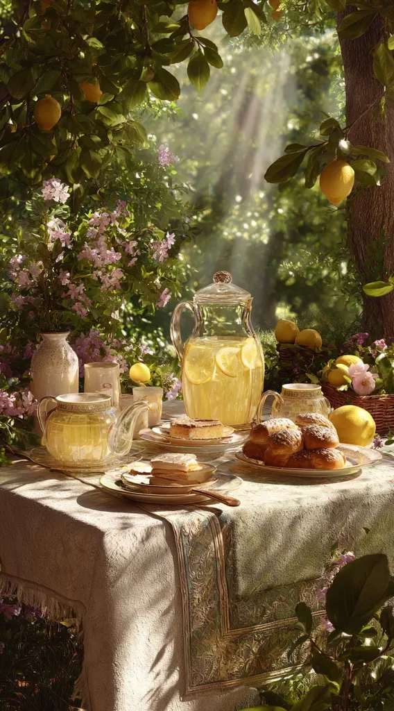 A sun-drenched garden setting displays a table laden with a delightful afternoon tea.  A glass pitcher of lemonade sits beside a teapot, surrounded by delicate pastries and cakes.  Lemony hues complement the soft floral tablecloth and nearby blossoming shrubs.  Sunlight streams through the lush lemon tree overhead, creating a tranquil and idyllic scene.  The overall ambiance is one of peaceful serenity and natural beauty.