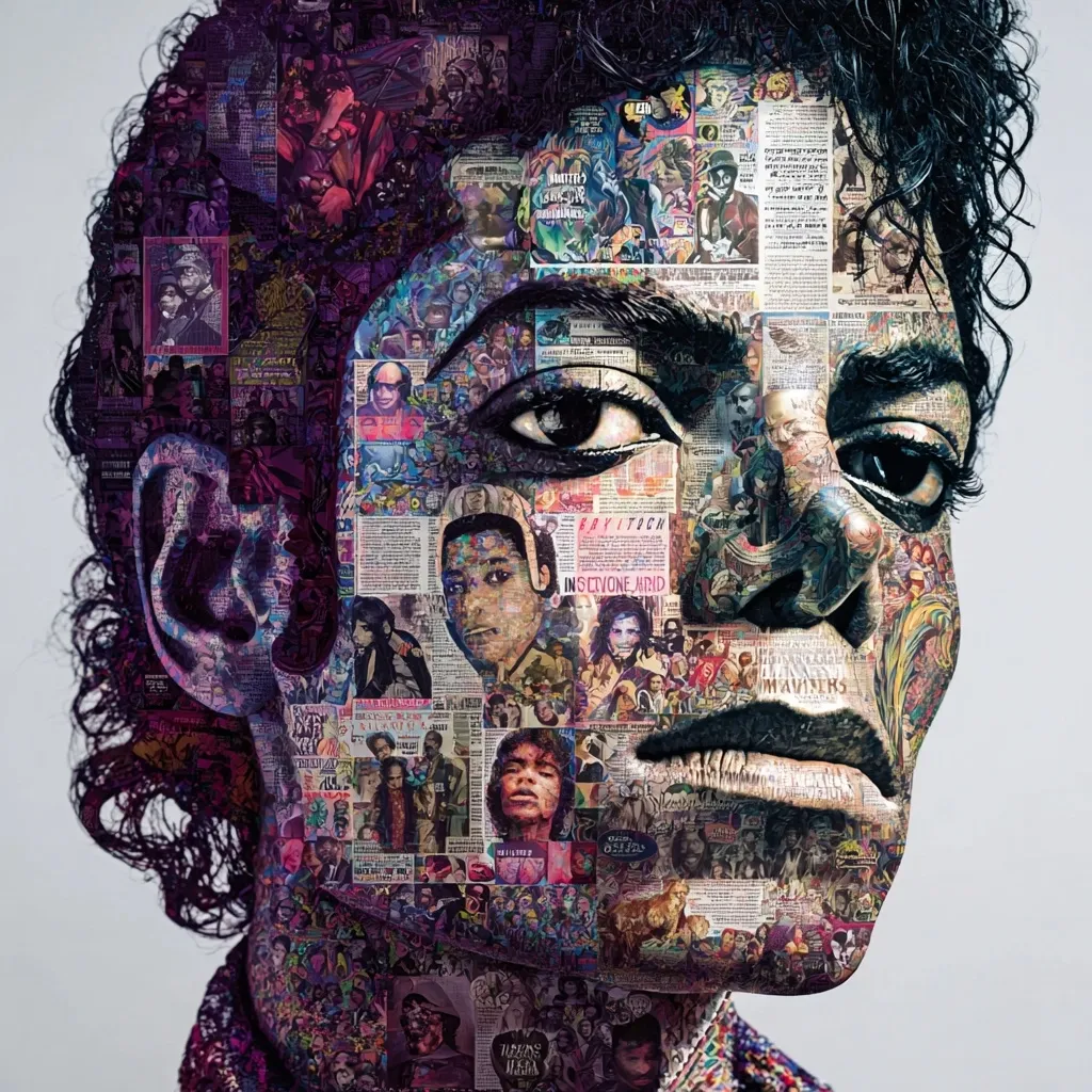 A striking portrait of Michael Jackson, crafted from a vibrant collage of images and text.  The mosaic style uses newspaper clippings, photographs, and illustrations, creating a textured and multifaceted representation of the iconic singer.  The detailed composition captures Jackson's intense gaze and distinctive features, blending his image with fragments of his cultural impact.  The overall effect is a powerful and visually arresting piece of art.