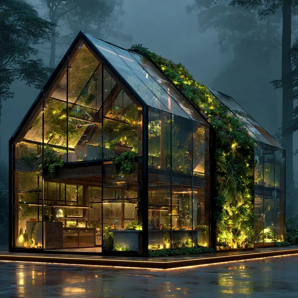 A modern glass house, nestled in a misty forest, is illuminated from within.  Its structure is primarily glass and dark wood, showcasing a lush interior filled with plants and greenery.  The roof is also partially covered in vegetation. The warm interior light contrasts beautifully with the cool, damp surroundings, creating a serene and enchanting atmosphere.  A subtle ground light outlines the structure's base.