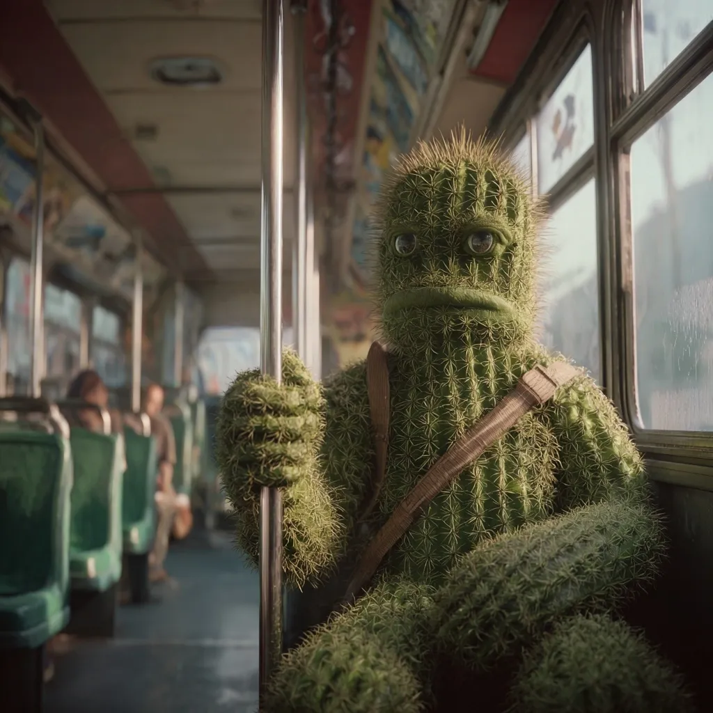 A whimsical image depicts an anthropomorphic cactus riding a public bus.  The cactus, with expressive eyes and a somewhat melancholic expression, holds onto a handrail. It wears a tan strap across its body, suggesting a bag.  The bus is mostly empty, with a few other passengers visible in the background. The overall mood is slightly surreal and humorous.