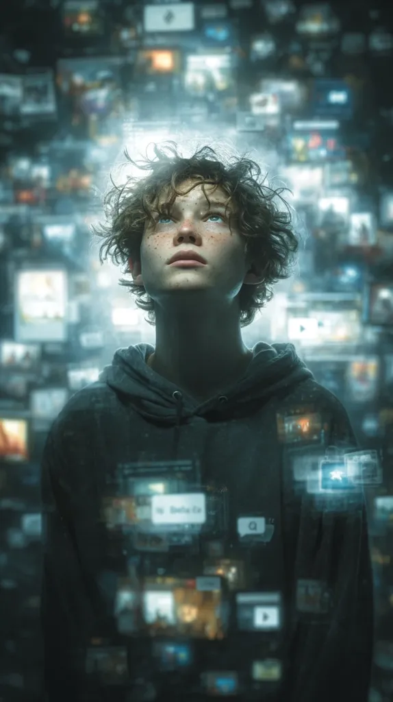 A young person with curly hair looks upward, surrounded by a multitude of glowing digital screens.  The screens display a blur of images and text, suggesting an overwhelming influx of information. The overall mood is one of both wonder and potential overload, creating a visually striking image of a youth immersed in a digital world. The dark clothing contrasts with the bright, vibrant screens.