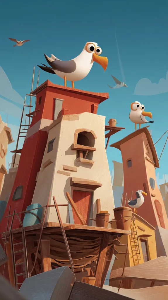 A whimsical illustration depicts cartoon seagulls perched atop quaint, dilapidated buildings.  The structures are a blend of red and beige, showing signs of age and wear.  Wooden scaffolding and ladders add to the ramshackle charm.  The sky is a vibrant blue, and smaller birds fly in the distance, completing the playful seaside scene. The overall style is cartoonish and lighthearted.