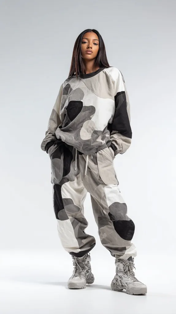 A young woman with long dark hair models a stylish camouflage outfit.  The ensemble consists of a loose-fitting, abstract camo sweatshirt and matching cargo pants in muted greys and blacks.  She wears high-top, light grey combat boots.  The overall aesthetic is urban and contemporary, with a blend of streetwear and military influences. The background is a simple, neutral grey.