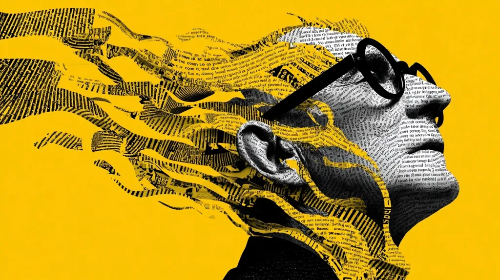 A stylized portrait of a man's profile against a vibrant yellow background. His face and hair are composed of fragmented newspaper text, creating a sense of information overload or the power of the written word.  The fragmented text flows like hair, dynamically extending beyond his head.  The overall effect is striking and visually arresting.