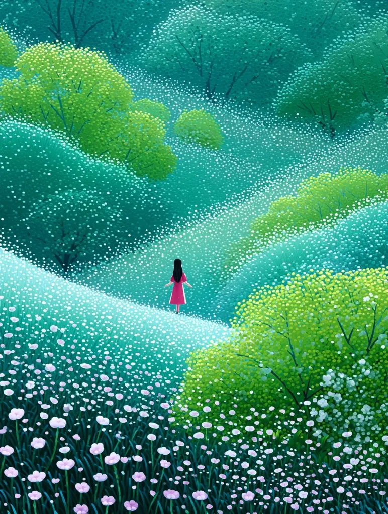 A lone girl in a pink dress stands amidst a vibrant, rolling landscape.  Delicate white and pink flowers blanket the hills, punctuated by lush green trees. The scene is painted in a stylized, pointillist manner, creating a dreamy, ethereal atmosphere.  The overall color palette is a calming mix of greens, teals, and pinks.  The girl appears small against the vast, blooming expanse, emphasizing the tranquility of nature.