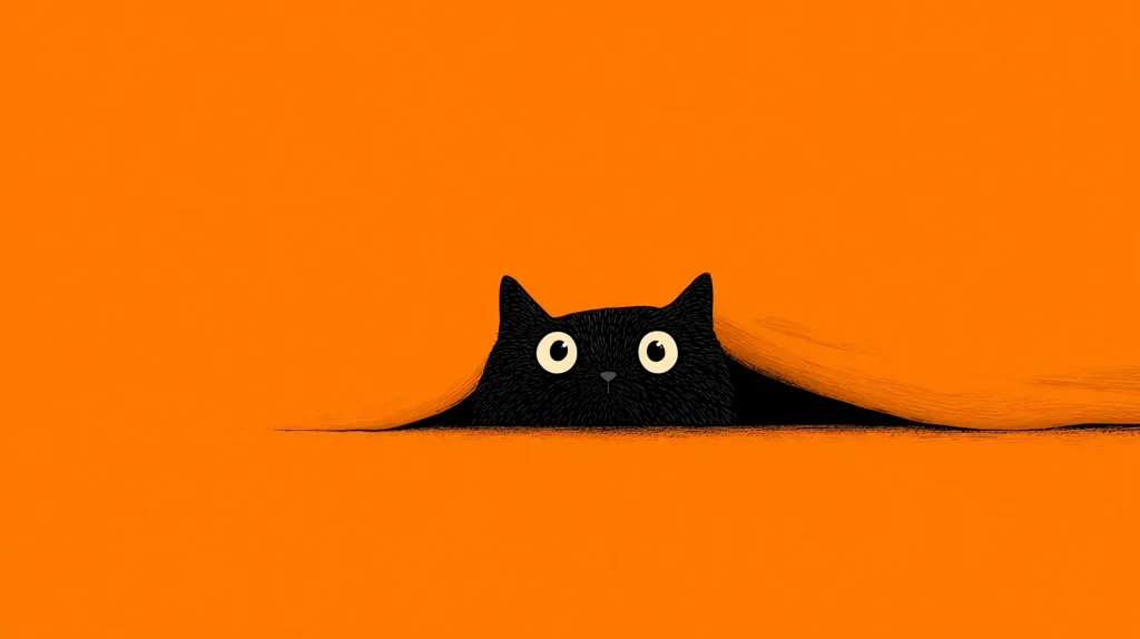 A black cat with large, round eyes peeks from behind an orange fabric or surface.  The cat's face is the central focus, its expression curious and slightly mischievous. The vibrant orange background contrasts sharply with the cat's dark fur, creating a striking visual effect.  The style is simple and minimalist, reminiscent of playful graphic design.