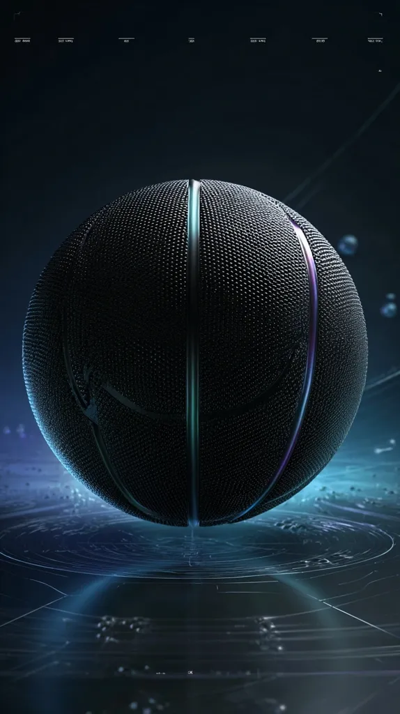 A dark, almost black basketball with subtly glowing seams rests on a reflective, futuristic surface.  The background is a deep blue, accented with faint, glowing lines suggesting a technological or digital environment. The image has a sleek, high-tech aesthetic, emphasizing the basketball's texture and form.  The overall mood is mysterious and sophisticated.