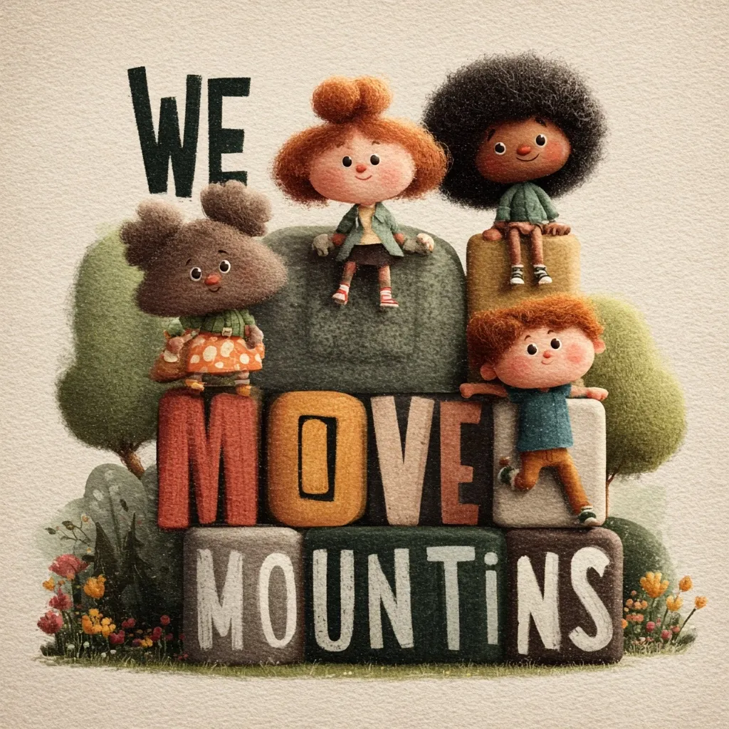 A charming illustration depicts four adorable children and a furry creature perched atop large, colorful blocks spelling out "WE MOVE MOUNTAINS".  The children, diverse in hair and skin tones, smile cheerfully. The scene is set in a whimsical landscape with small flowers and bushes. The overall tone is positive and uplifting, conveying a message of collective strength and achieving the impossible.