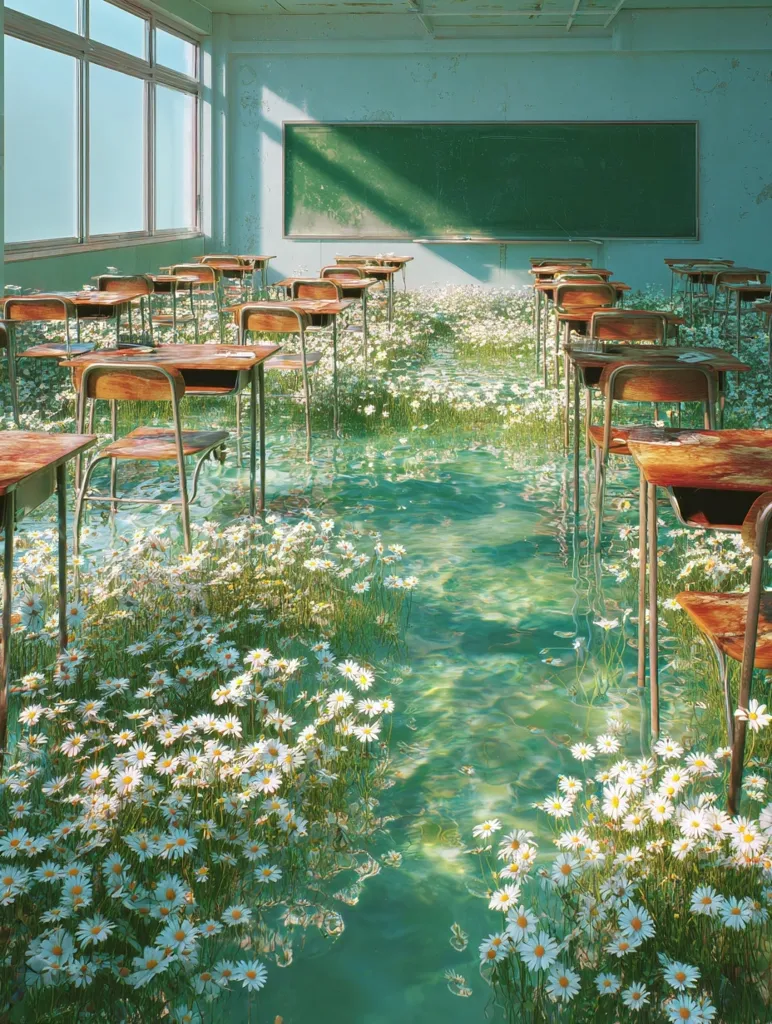 An abandoned classroom is overtaken by nature.  The floor is submerged in shallow, clear green water, teeming with daisies that grow between the desks.  Sunlight streams through the windows, illuminating the scene.  The old wooden desks and chairs are partially submerged, creating a serene, yet melancholic atmosphere.  A chalkboard hangs on the wall, a silent testament to the past.