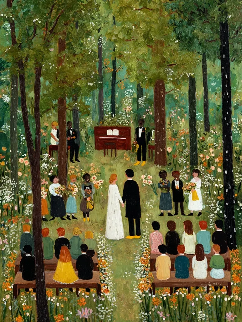 A whimsical painting depicts a wedding ceremony in a lush forest.  The bride and groom stand before a simple piano, surrounded by guests seated on wooden benches. Flower girls and other attendees are dressed in colorful attire.  The scene is idyllic and charming, with vibrant greens and a profusion of wildflowers. The overall style is naive and folk-art inspired.