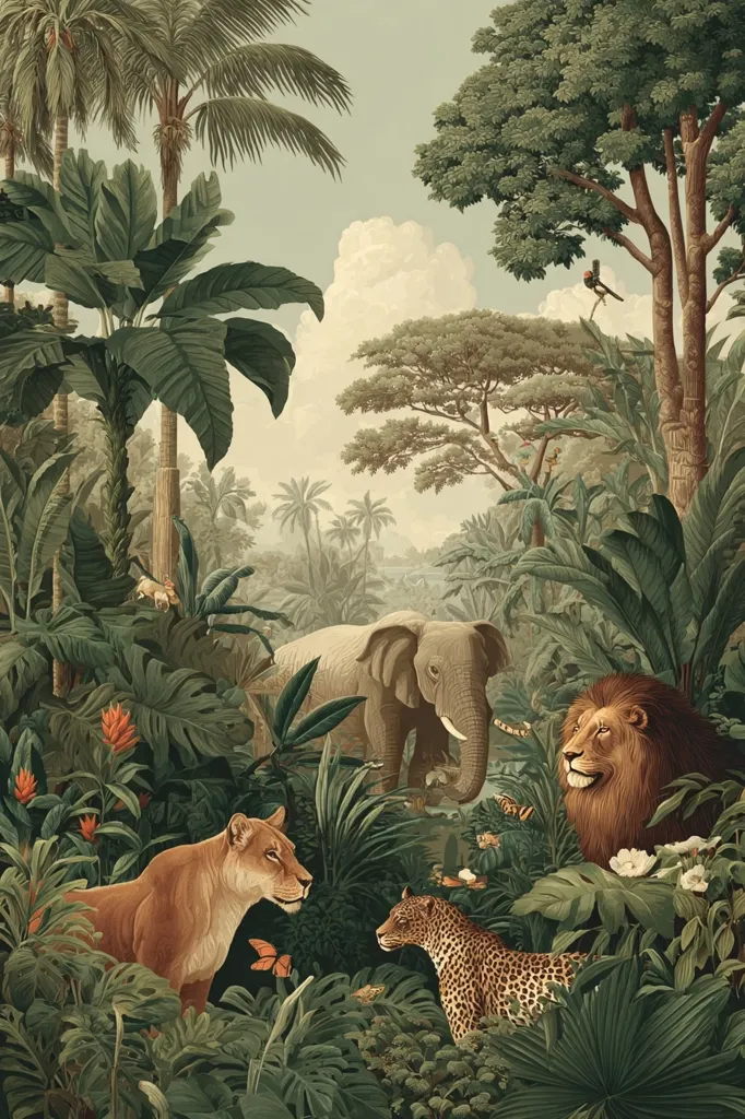 A lush jungle scene unfolds, teeming with vibrant tropical foliage.  An elephant stands majestically, while a lion, lioness, and leopard are subtly positioned amongst the dense vegetation.  Palm trees and other exotic plants dominate the landscape under a pale sky.  The overall style evokes a classic, almost antique, illustration of wildlife in its natural habitat.