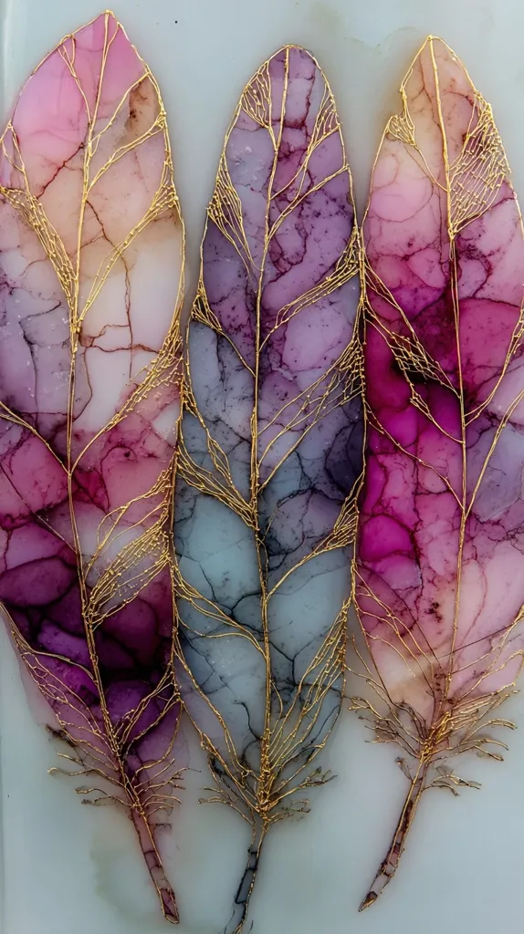 Three stylized feathers are depicted in a close-up shot.  The feathers are rendered in shades of pink, purple, and grey, with delicate gold vein-like details outlining their form.  The artwork showcases a fluid, marbled effect within the feathers, creating a sense of depth and texture.  The background is a muted off-white, allowing the vibrant colors of the feathers to stand out. The overall aesthetic is elegant and ethereal.