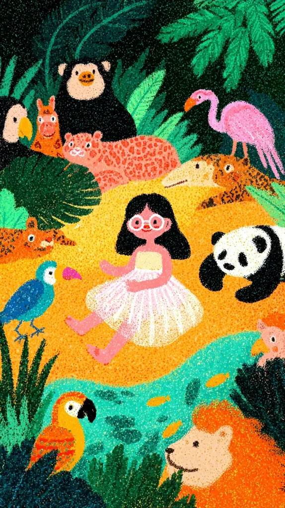 A girl with glasses sits in a lush jungle scene, surrounded by a diverse array of animals.  A panda, lion, flamingo, parrots, monkeys, and jaguars are depicted in a vibrant, pointillist style. The girl wears a light pink dress and appears content amidst the colorful foliage and playful creatures. The overall style is whimsical and cheerful.
