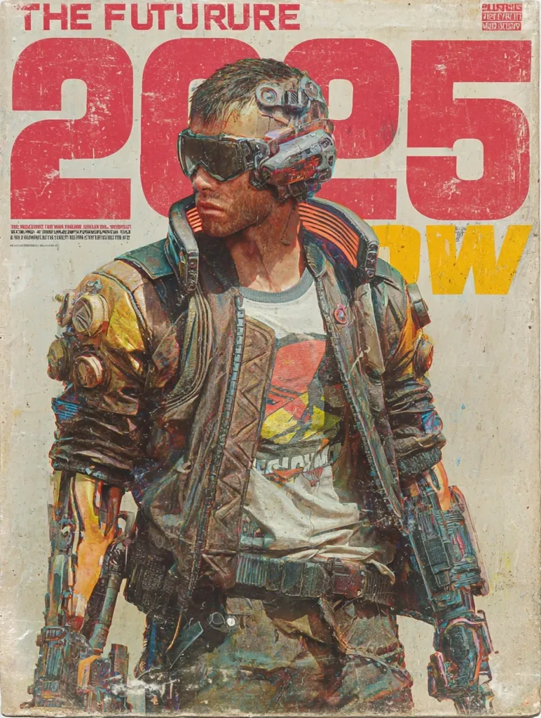 A stylized cyberpunk poster depicts a futuristic warrior in 2095.  The man, with cybernetic enhancements and goggles, sports a worn leather jacket and carries advanced weaponry.  The distressed, vintage-style poster design evokes a gritty, dystopian future, contrasting the bold, red and yellow text "The Future 2095".  The image's overall tone is dark and intense, hinting at a violent or action-packed narrative.