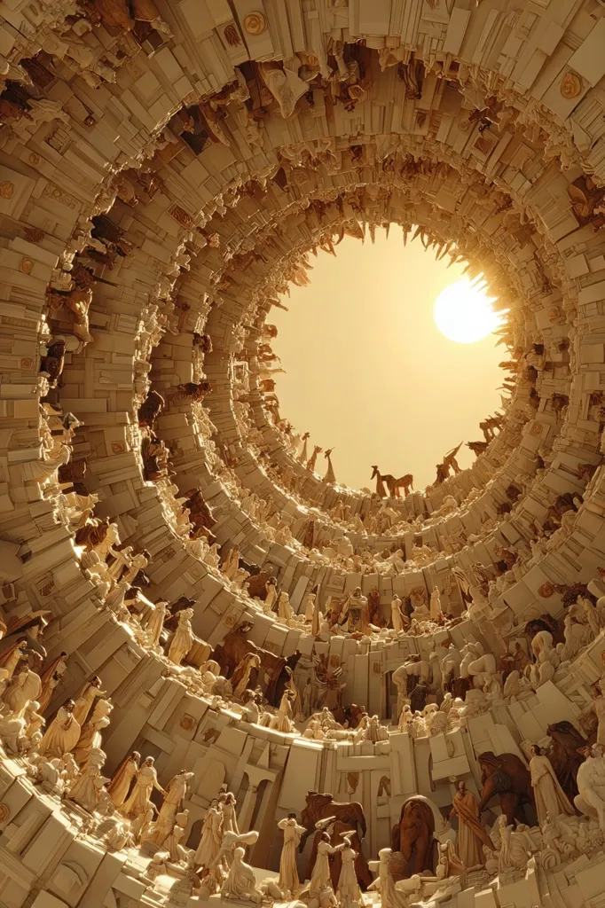 A spiraling, circular structure is densely packed with countless miniature figures and architectural elements, creating a mesmerizing, almost dizzying effect. The pale, sandy-colored material suggests stone or possibly a sculpted substance.  The structure opens to a bright, sunlit sky, offering a dramatic contrast between the intricate interior and the vastness beyond.  The overall impression is one of immense scale and intricate detail, evoking a sense of ancient history or a fantastical, imagined world.