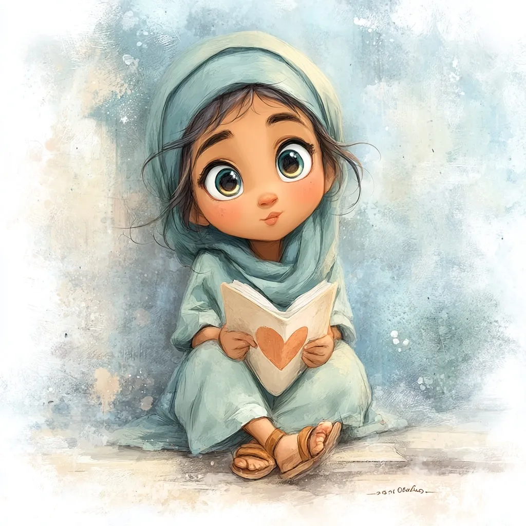 A charming illustration of a young girl, possibly of Middle Eastern descent, sits serenely holding a book with a heart on its page. She's dressed in a light teal robe and headscarf, her large, expressive eyes gazing upward.  The style is soft and whimsical, with a textured watercolor background creating a dreamy atmosphere.  The overall impression is one of innocence and gentle contemplation.