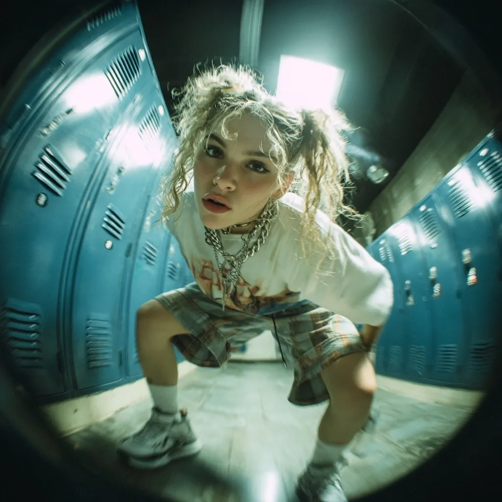 A young woman with curly hair styled in pigtails crouches in a dimly lit hallway lined with blue lockers.  She wears a white graphic t-shirt, plaid shorts, and chunky sneakers.  Multiple silver necklaces adorn her neck. The fisheye lens perspective distorts the image, creating a dynamic and slightly surreal effect.