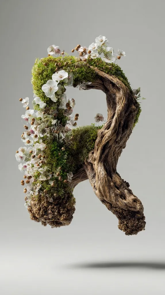 A stylized letter "R" is crafted from driftwood and adorned with vibrant green moss and delicate white blossoms.  The organic materials create a striking contrast, showcasing the beauty of nature's textures and colors. The piece is presented against a minimalist grey background, highlighting its intricate detail and artistic composition.  The image evokes a sense of both fragility and resilience.