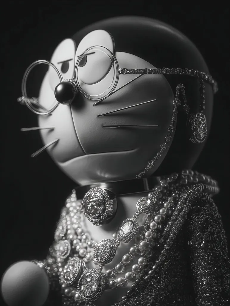 A monochrome close-up showcases a Doraemon figurine adorned in opulent Chanel-inspired jewelry.  The robotic cat, wearing round glasses, is draped in pearl necklaces and diamond brooches, creating a striking contrast between the cartoon character and high-fashion accessories. The image's dark background emphasizes the figurine's luxurious details.