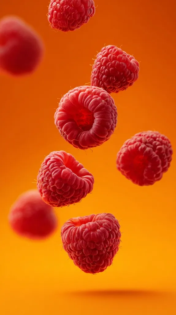 Several ripe raspberries float against a vibrant orange background.  The raspberries, in various stages of fall, showcase their deep red color and textured surface.  The image is crisp and clean, highlighting the juicy appearance of the berries.  The overall effect is one of freshness and vibrancy.