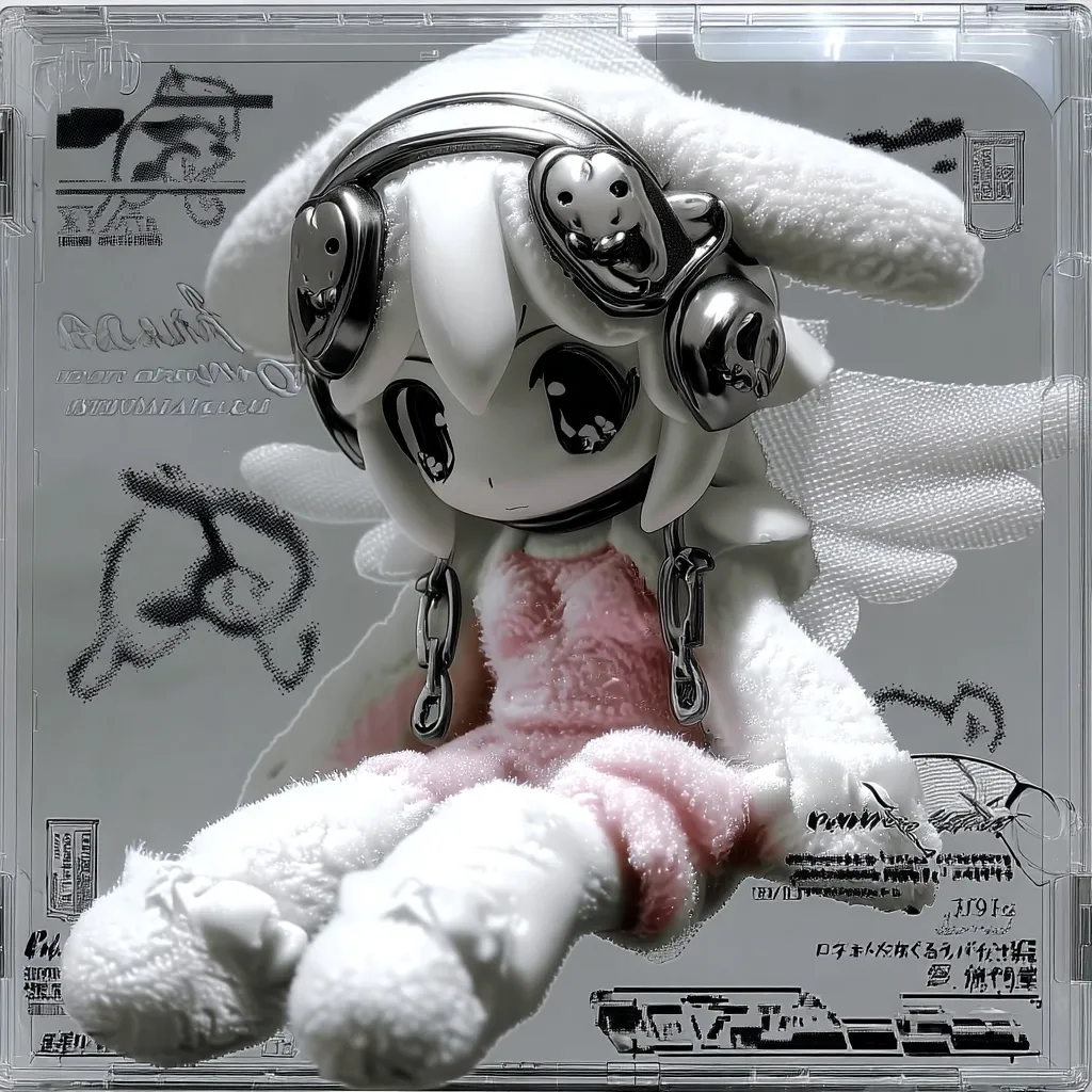 The image shows a CD case featuring anime-style artwork.  A stylized, white, plush-like character with large eyes and bunny ears sits center stage, adorned with metallic accessories and chains.  The background is a monochrome gray with Japanese text and graphic elements overlayed, suggesting a music release from a possibly Japanese artist. The overall aesthetic blends cute and futuristic styles with a gritty, desaturated color palette.