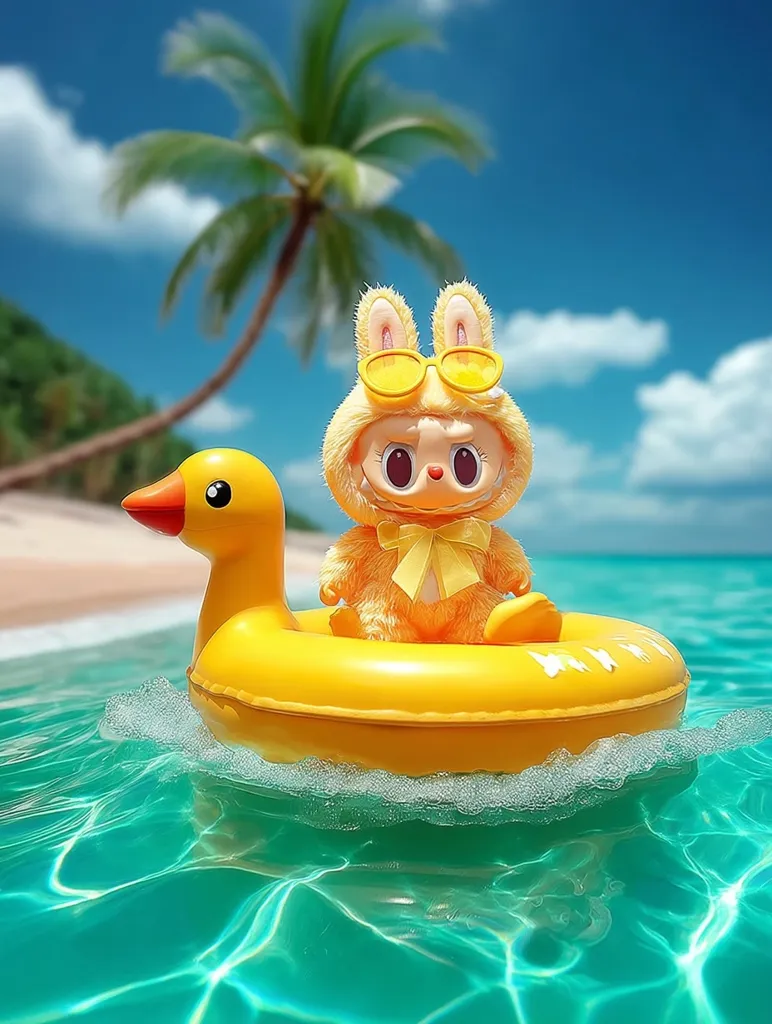 A cute yellow bunny toy, wearing sunglasses, sits in a yellow duck-shaped inflatable ring floating on a turquoise ocean.  A tropical beach and palm tree are in the background under a bright sunny sky. The scene is idyllic and playful, suggesting a fun summer vacation.