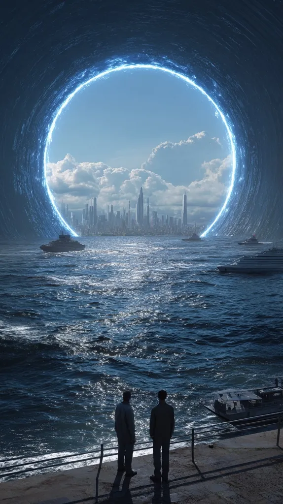 A futuristic city skyline is visible through a large, glowing blue ring portal in the ocean.  Two figures stand silhouetted on a seawall, observing the scene.  Several vessels are present on the water, both near the portal and further out at sea.  The overall mood is one of science fiction and wonder, with a sense of awe inspired by the advanced technology.