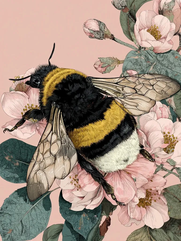 A detailed illustration showcases a bumblebee, its fuzzy body a blend of black, yellow, and white, nestled amongst delicate pink blossoms.  The bee's wings are intricately rendered, highlighting their veined texture.  The flowers, possibly apple blossoms, are depicted with soft, pastel hues and realistic detail, creating a vibrant contrast against a muted pink background. The style is reminiscent of botanical illustration, emphasizing both the insect and the floral elements.