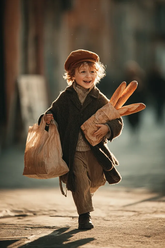 A joyful young boy, wearing a brown newsboy cap and corduroy pants, strides down a city street. He carries a paper bag brimming with baguettes and another brown paper bag.  Sunlight illuminates him, creating a warm and charming scene. His cheerful expression and carefree gait convey a sense of innocent delight.