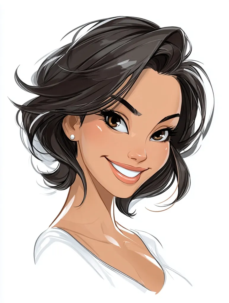 A stylized illustration of a young woman with shoulder-length dark brown hair.  She has tan skin, brown eyes, and a warm, confident smile. Her hair is styled in a slightly windblown fashion. She's wearing a simple white top, and a small pearl earring is visible. The art style is smooth and polished, with a focus on realistic features rendered in a cartoonish manner.
