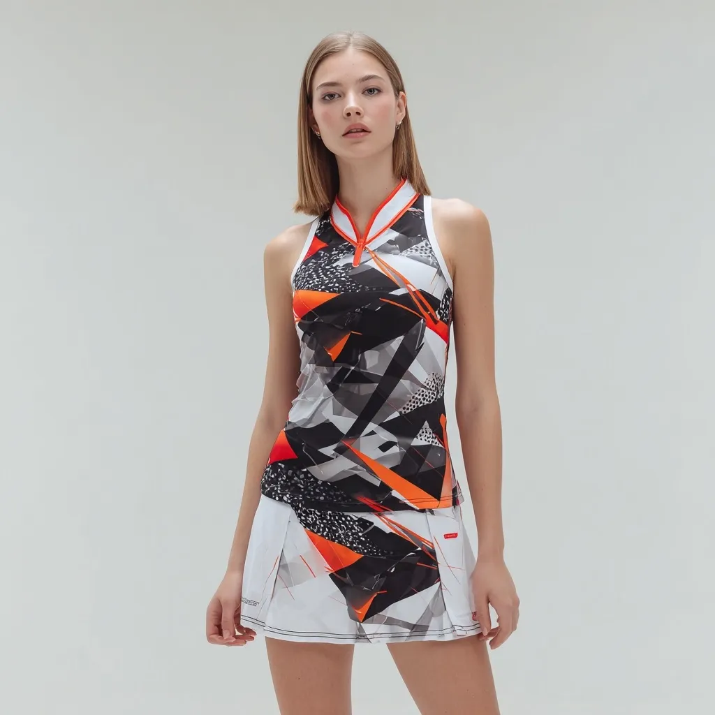 A young woman models a stylish tennis outfit.  The ensemble features a sleeveless, white top with a bold, abstract print in black and vibrant orange.  The matching pleated skirt complements the top's design. The outfit is modern and sporty, ideal for active play.  The model's confident pose showcases the clothing's flattering fit and dynamic pattern.