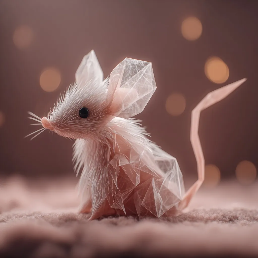A delicate, stylized mouse is depicted, seemingly crafted from translucent, geometrically-faceted material. Its body is covered in soft, light pink fur, contrasting with the crystalline structure of its dress and ears.  The mouse sits on a mauve surface, with a blurred bokeh background of warm, out-of-focus lights. The overall aesthetic is whimsical and artistic.