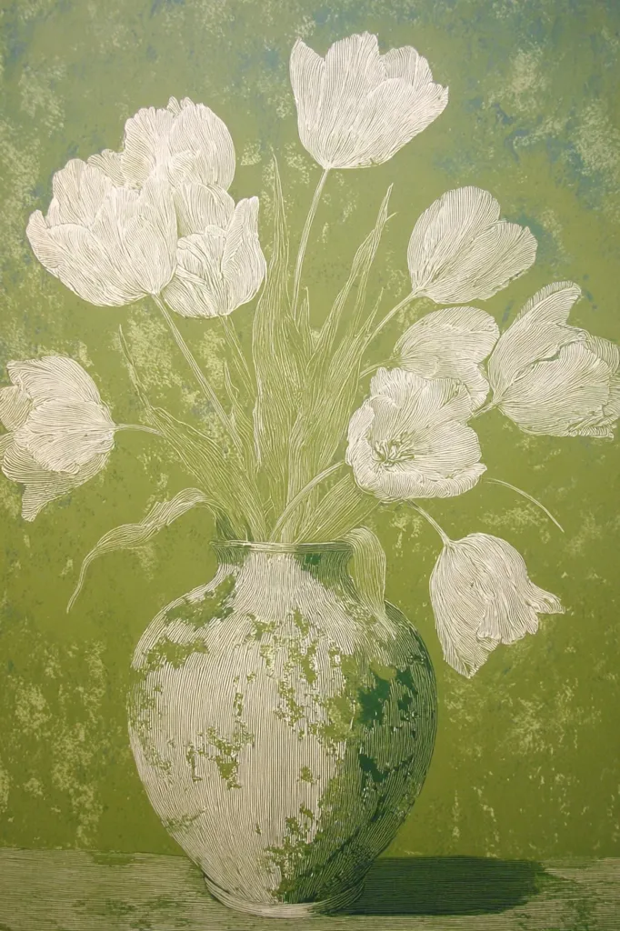 A stylized linocut depicts a bouquet of white tulips in a textured, earthenware vase.  The tulips are rendered with fine, delicate lines, contrasting against the olive-green background. The vase's surface is detailed with etched lines suggesting age and wear, adding depth and texture to the piece. The overall aesthetic is one of serene simplicity and natural beauty.