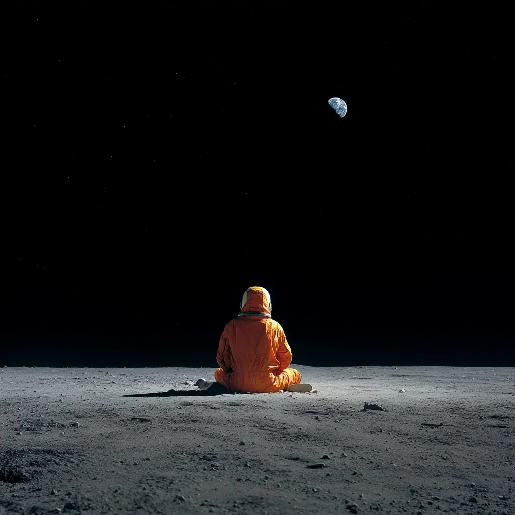 An astronaut sits cross-legged on the lunar surface, gazing at the Earth hanging in the inky blackness of space. The astronaut's orange spacesuit contrasts sharply against the grey dust of the moon.  The scene is serene and vast, conveying a sense of solitude and the immensity of space. Earth appears small and distant, emphasizing the astronaut's isolation in the lunar landscape.